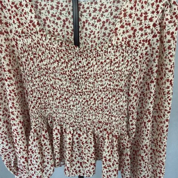 Smocked Square-Neck Blouse in Cream with Red Floral Print - Picture 5 of 10